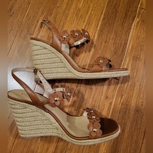 Kate Spade Brown Leather Floral Strap Espadrille Wedge Sandals 8